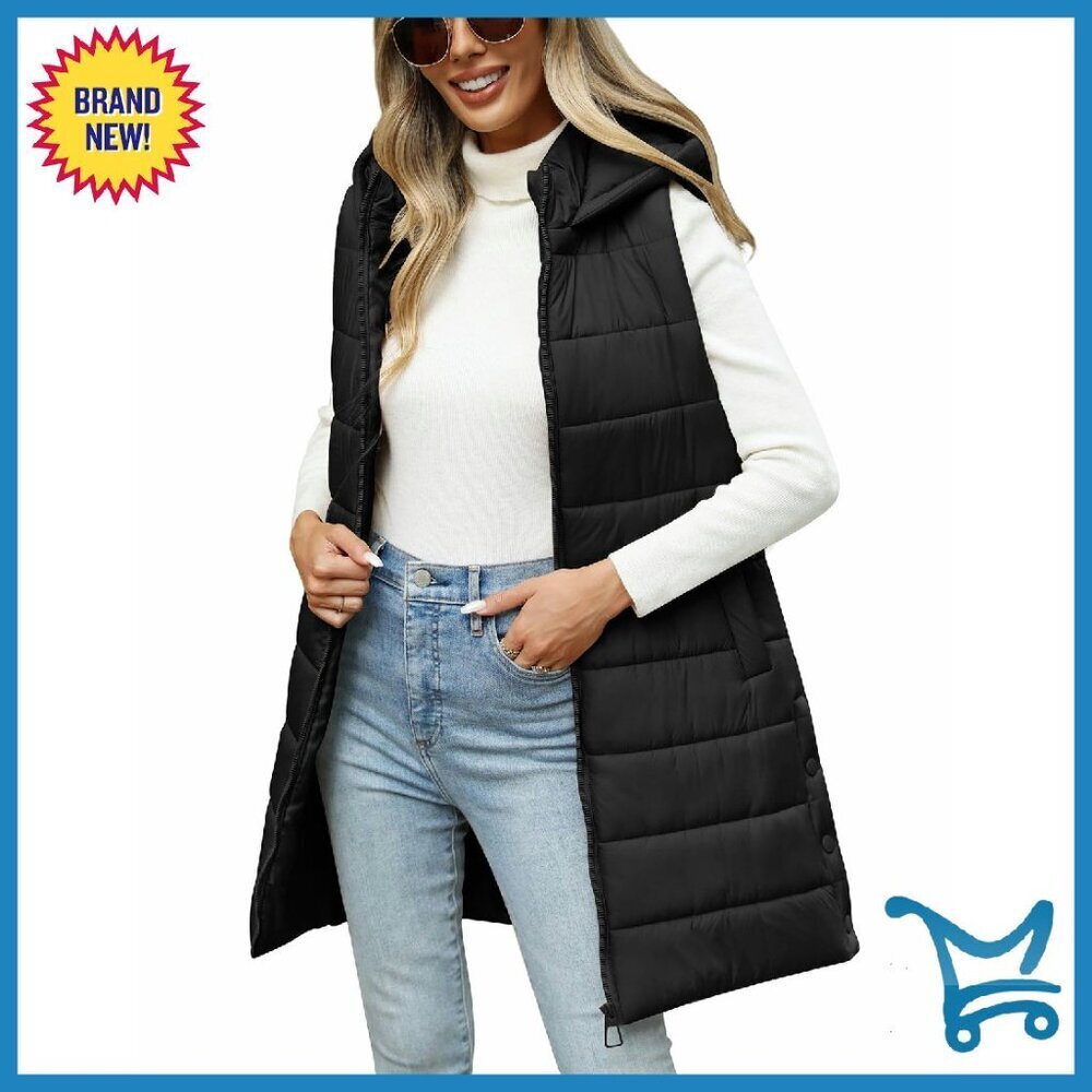 Long Hooded Puffer Vest Sleeveless Lightweight Quilted Zip Up Outerwear